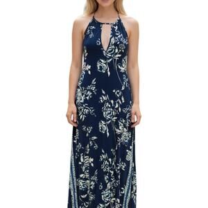 Angie Maxi Dress Floral Side Slits Blue Small